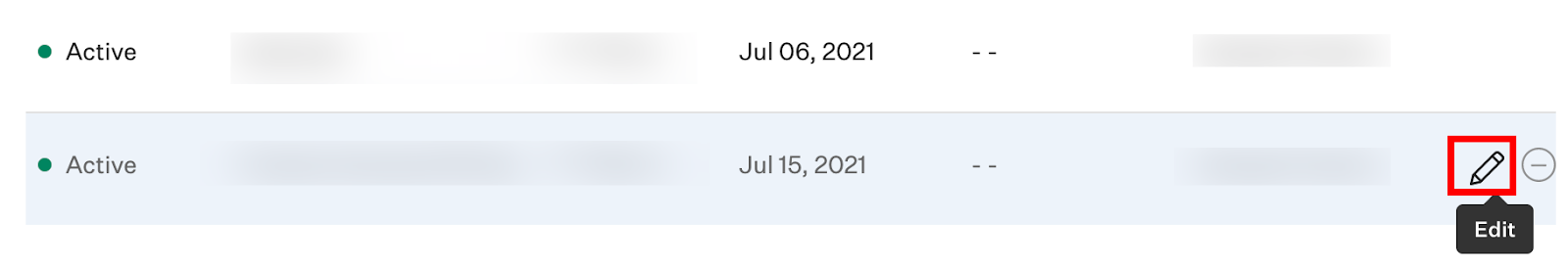 Edit button (pencil icon) in API key list